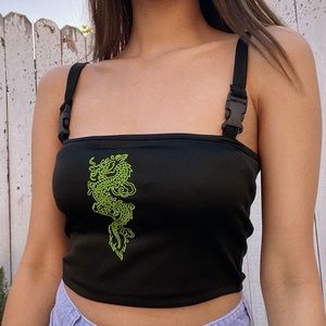 embroidered dragon crop top with buckle straps